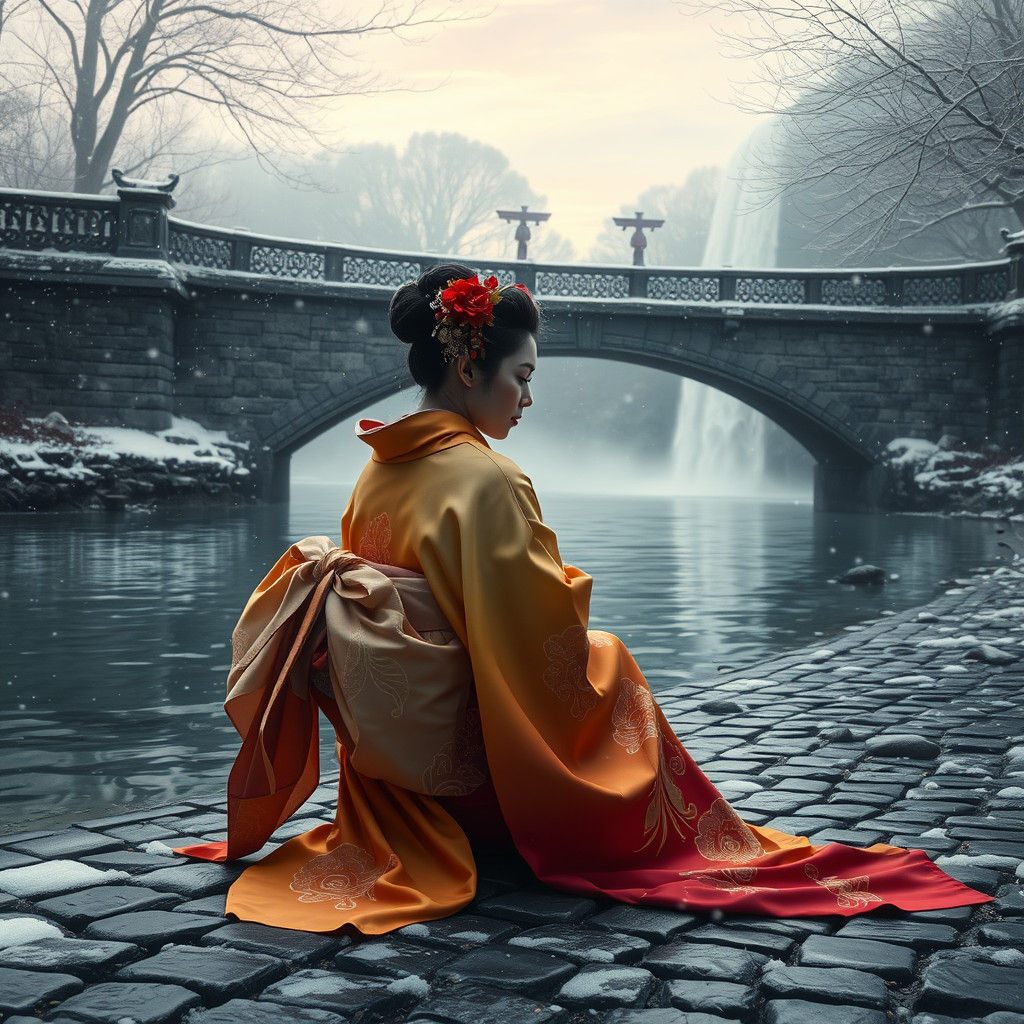 Geisha in Snow: Ethereal Japanese Street Scene