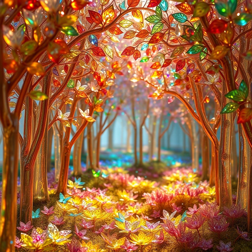 Surreal Crystal Forest with Rainbow Sunlight