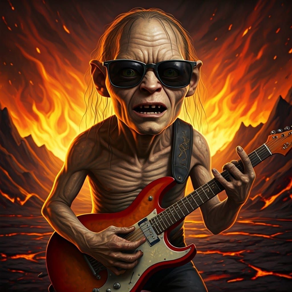 Gollum Rocks Electric Guitar in Mount Doom Flames