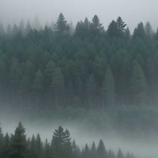 Misty Forest Where Trees Fade into Distance
