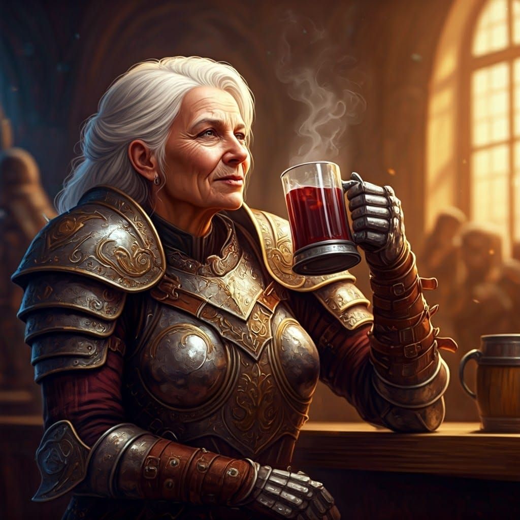 Elder Adventurer Sips Mulled Wine in Bustling Tavern