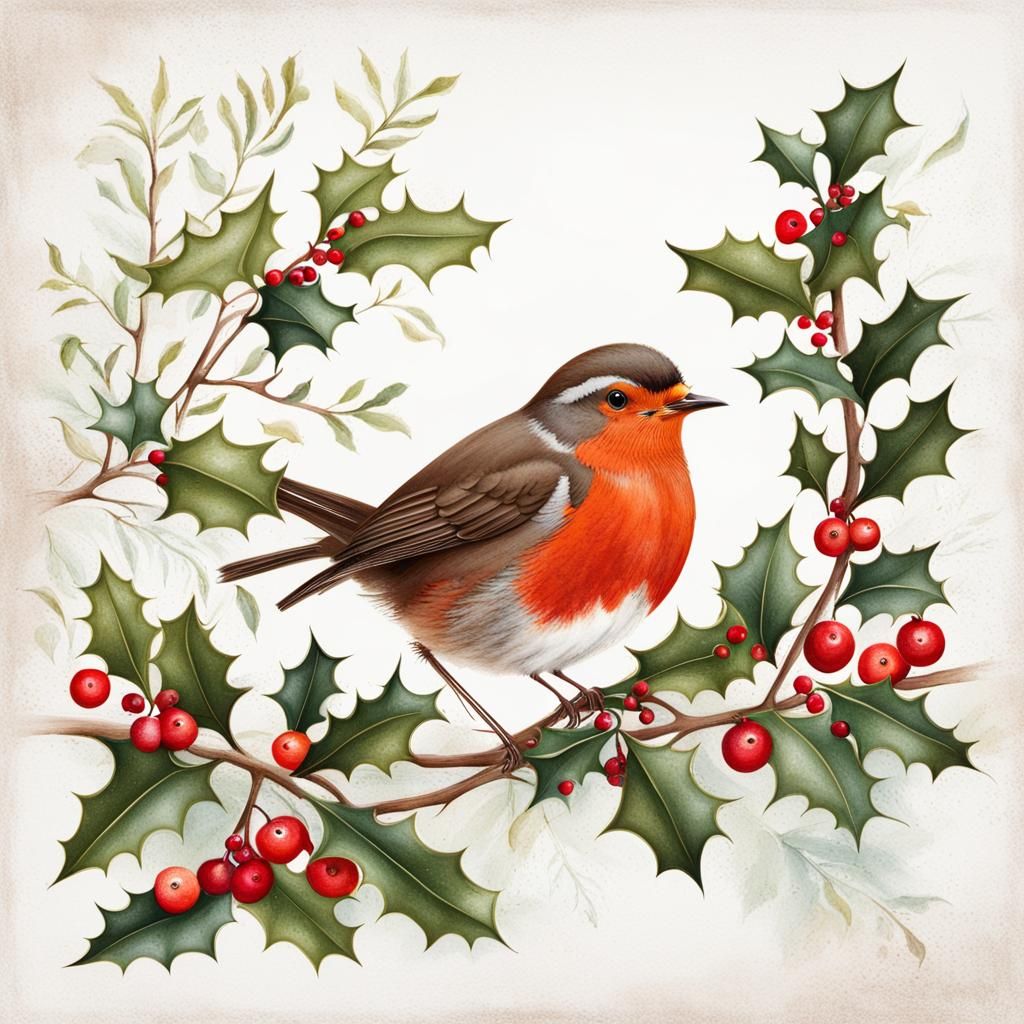 Whimsical Christmas Robin on Holly Branch