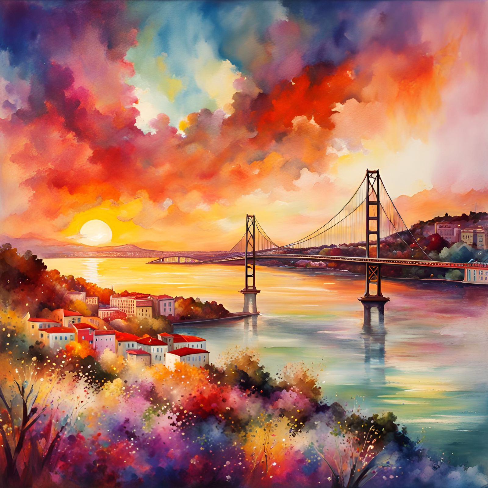 Sunset over TAGUS RIVER, 25 de Abril Bridge