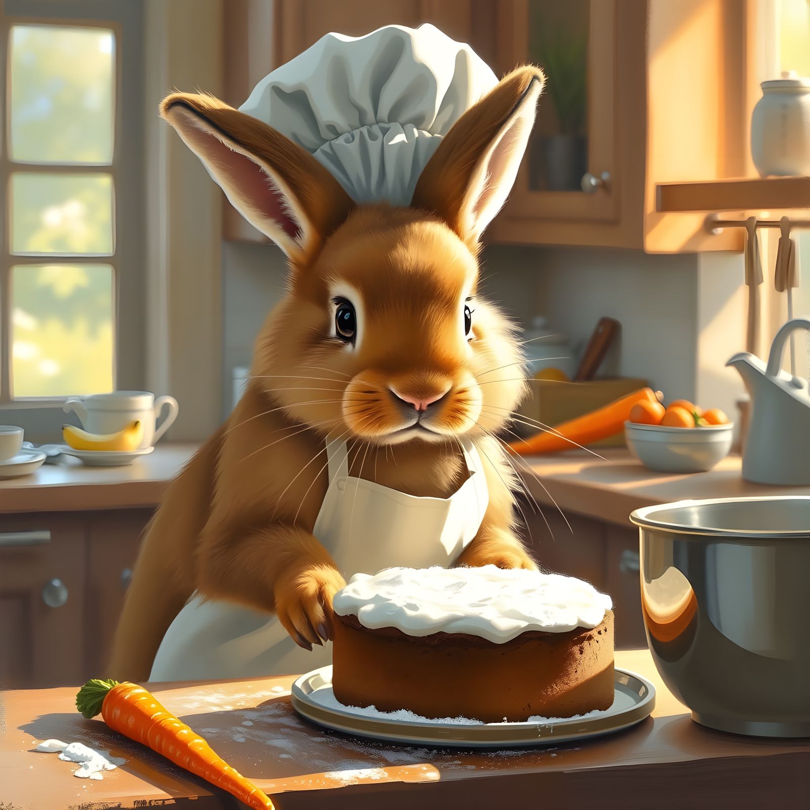 Rabbit Decorating a Delicious Carrot Cake