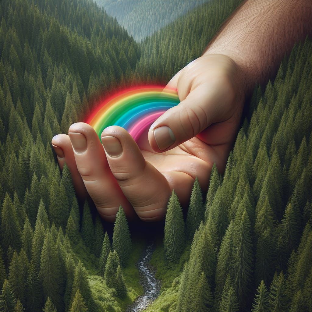 Surreal Rainbow Hand Emerges from Forest