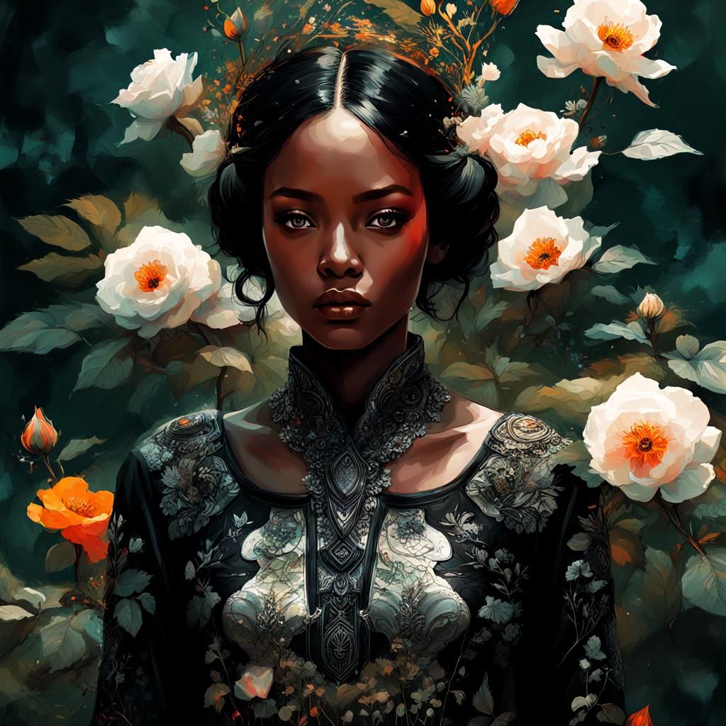 Black-Skinned Woman with Roses, Digital Art