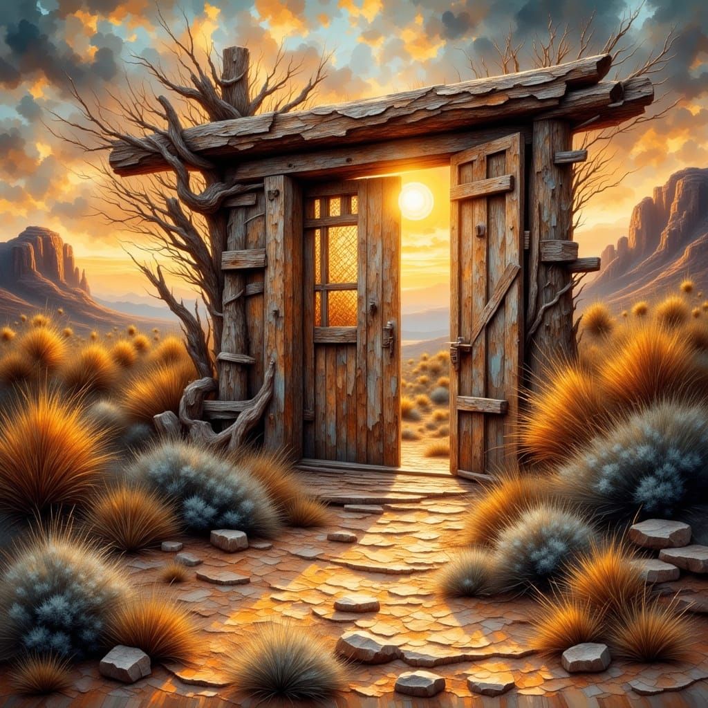 Oasis Door in Desert, Antique Watercolor and Impasto