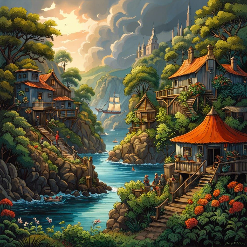 Stormy Cove Village in Comic Book Style