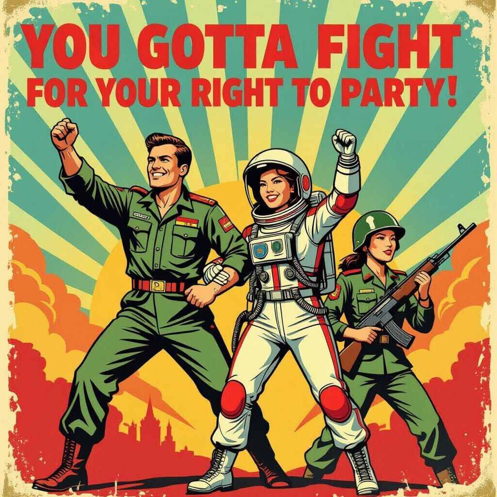 Triumphant Cosmonaut and Soldiers in Socialist Realism Art