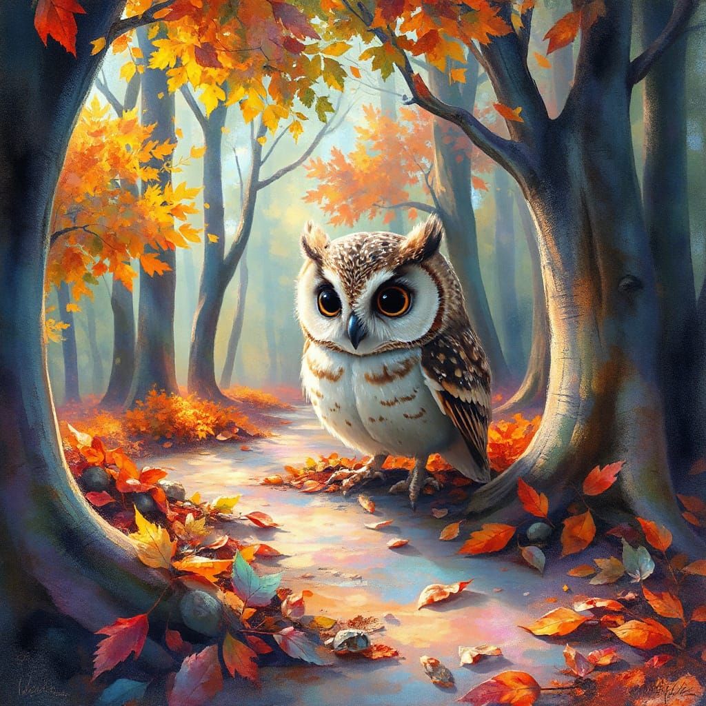 Surreal Autumn Forest Scene with Owl in Whimsical Artistic F...