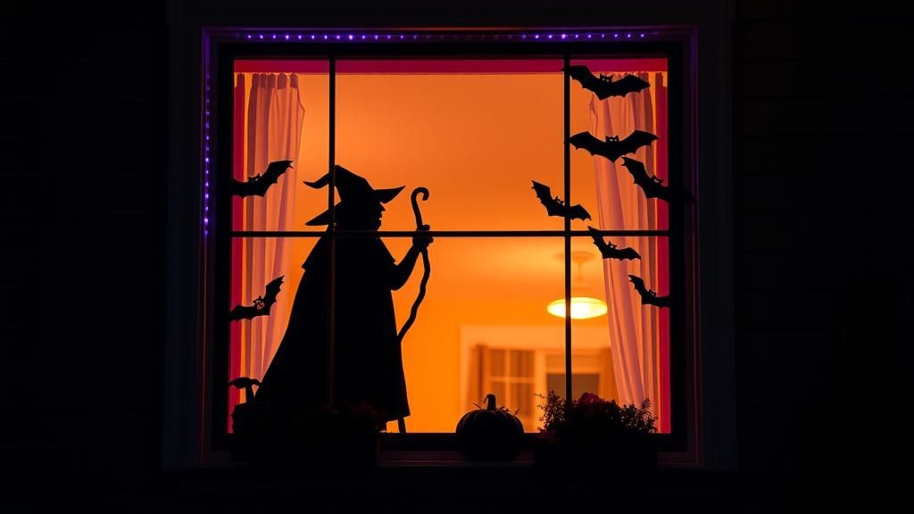 Spooky Witch Silhouette in Window with Purple Lights