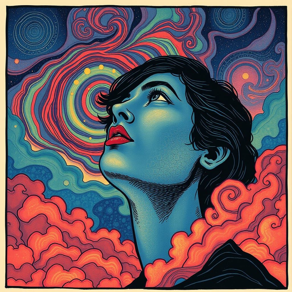 Dreamlike Woodcut of Vibrant Noctilucent Clouds