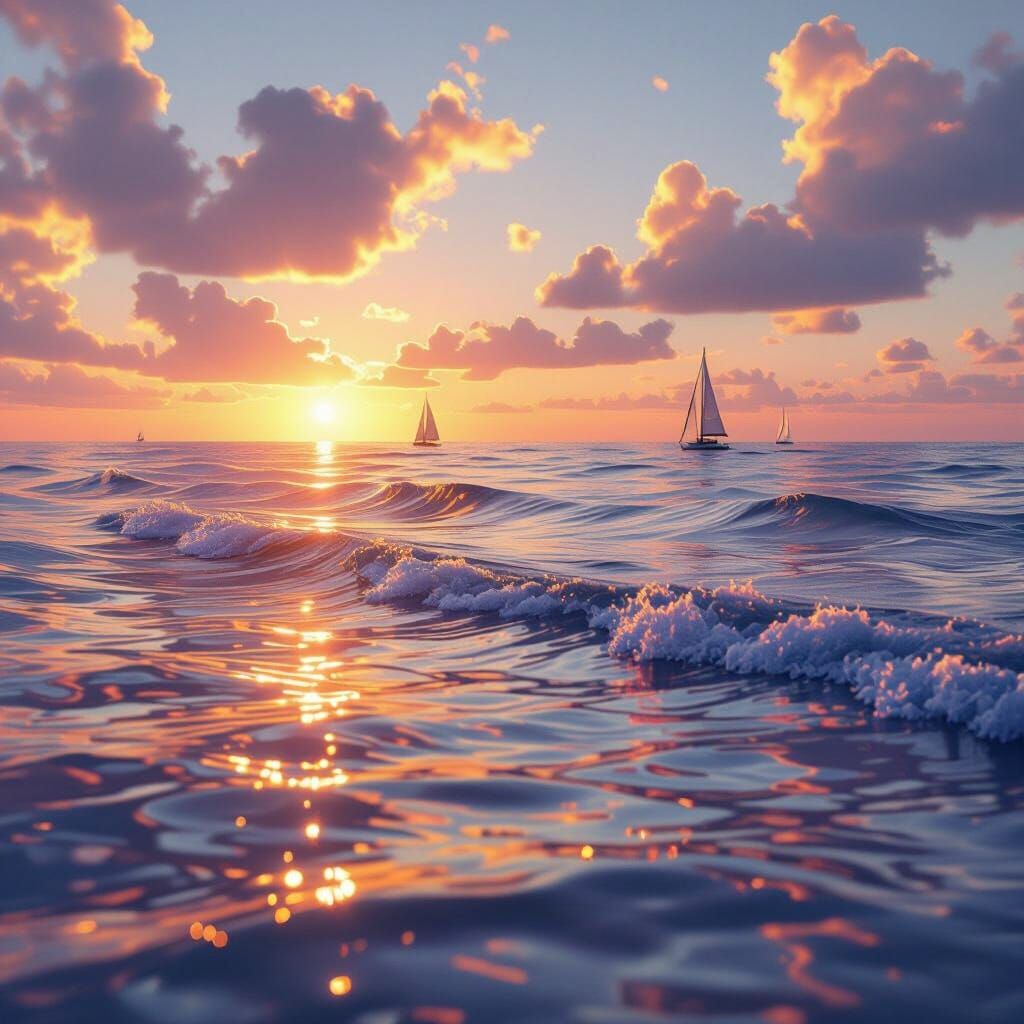 Serene Sunset Seascape with Golden Light and Sailboats