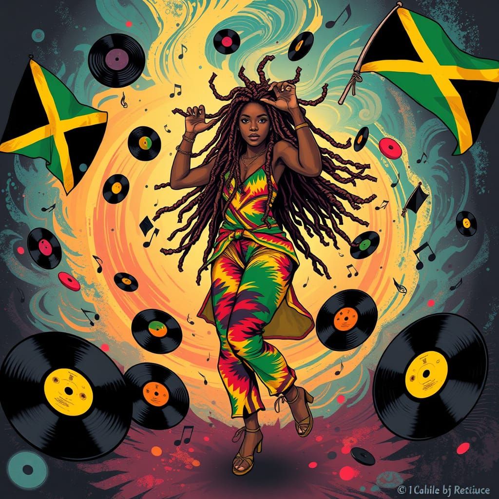 Vibrant Reggae Goddess Dancing with Sound Waves