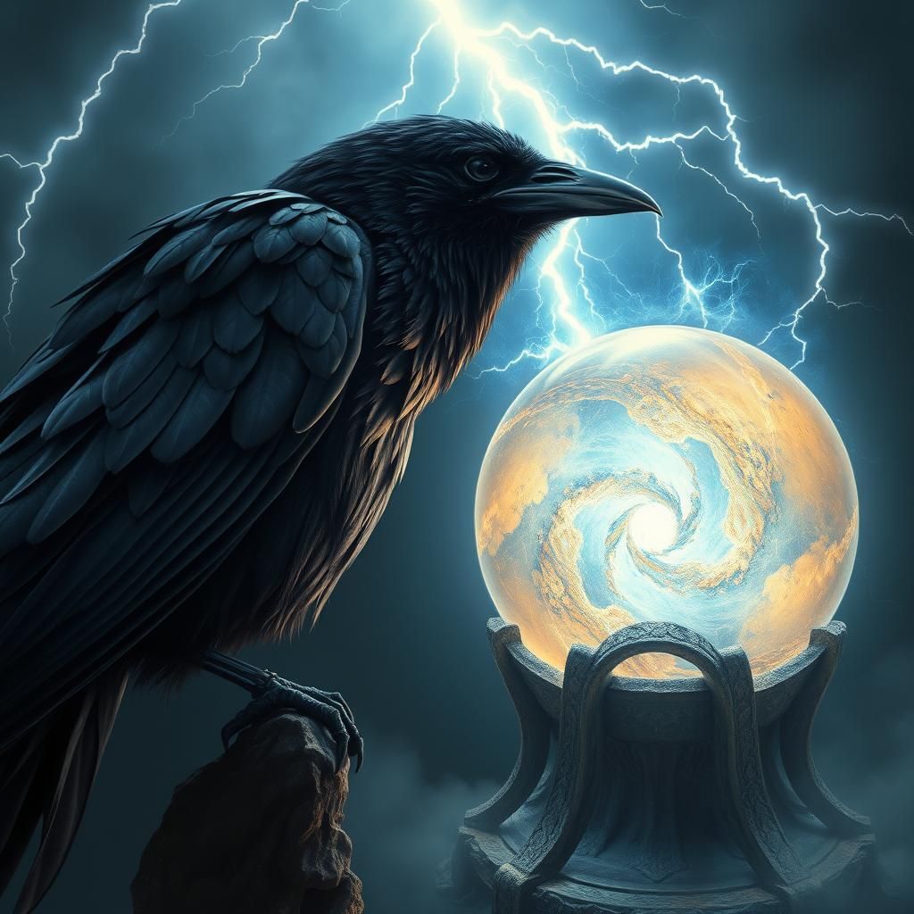 Raven and Orb of Lightning in Dark Surrealism