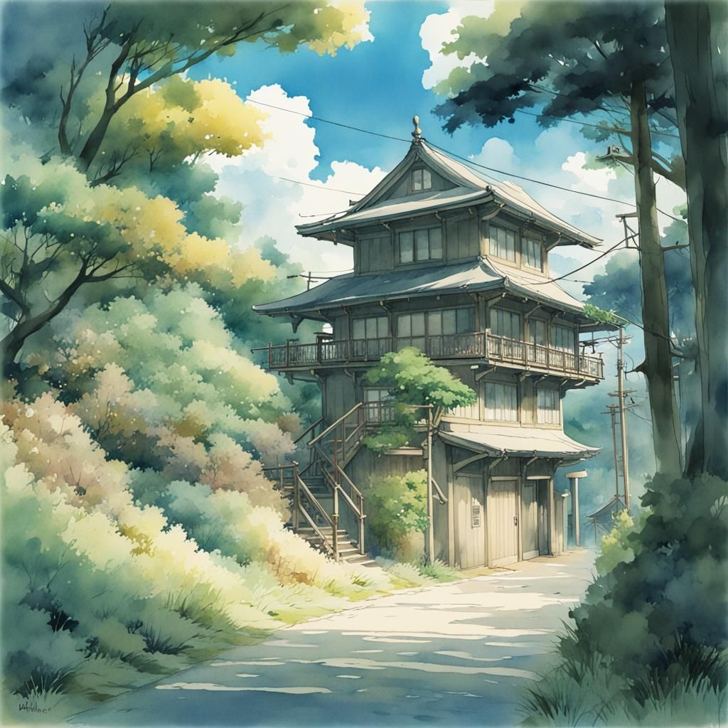 Japanese Watercolor Landscape in Anime Style