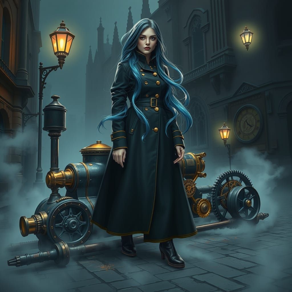 Steampunk Woman in Misty Gothic Cityscape