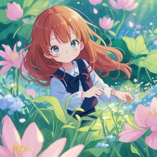 Anime Girl in Lush Garden, Studio Trigger Style