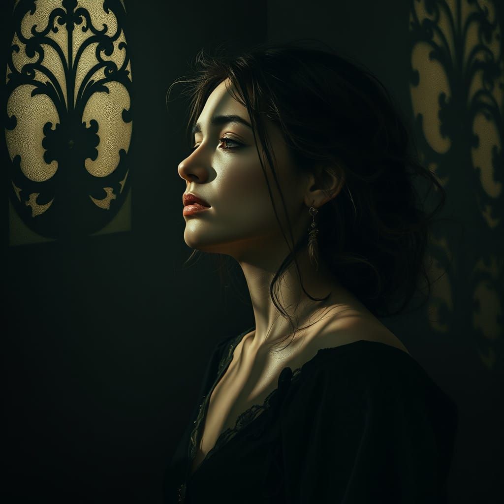 Contemplative Woman in Shadows, Baroque-Inspired Art