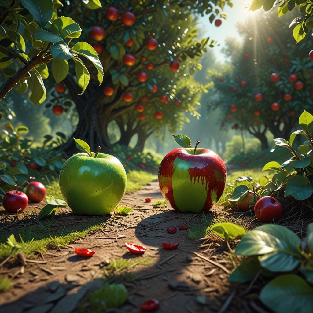 Vibrant Oil Painting of Confronting Apples in Grove