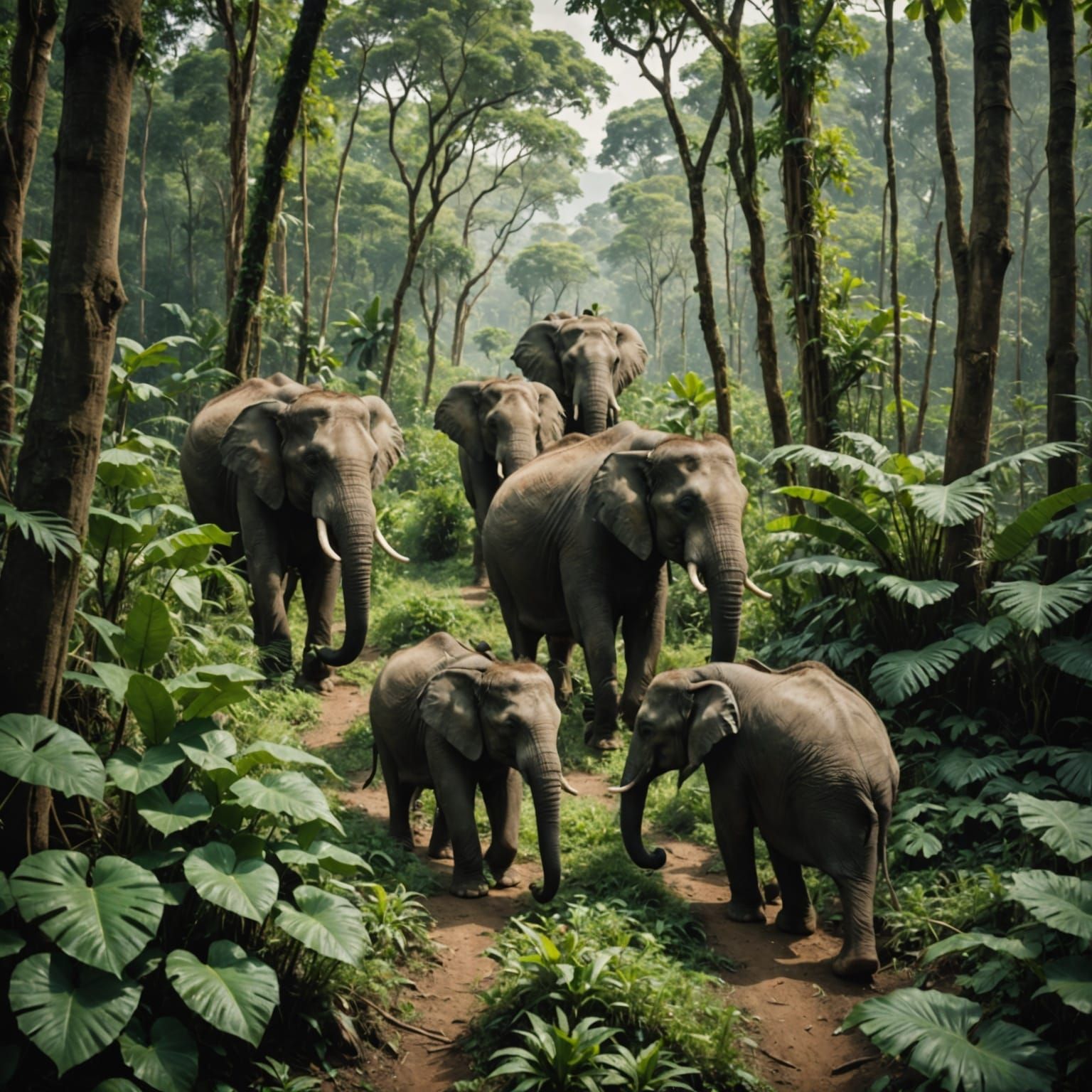 Elephants Walking Through Jungle in Cinematic Film Style