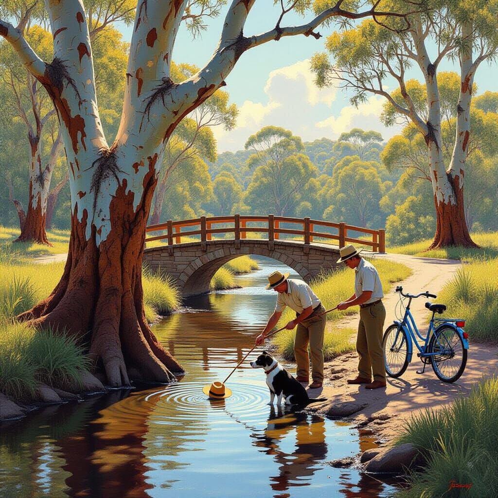 Men and Dog Fish for Hat by Stream Oil Painting