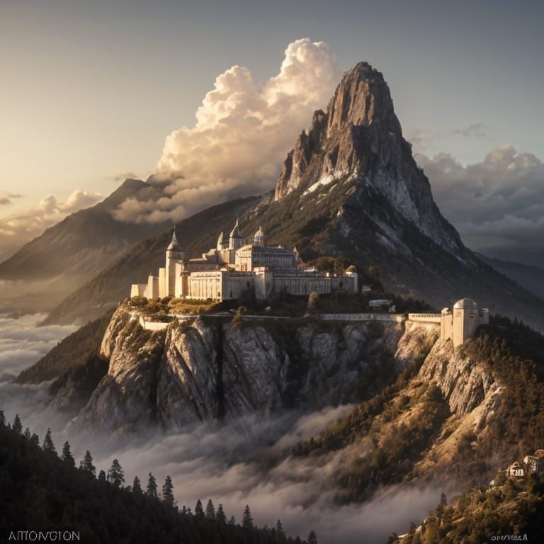Mountain Citadel Illuminated by Rising Sun: Hyperrealistic