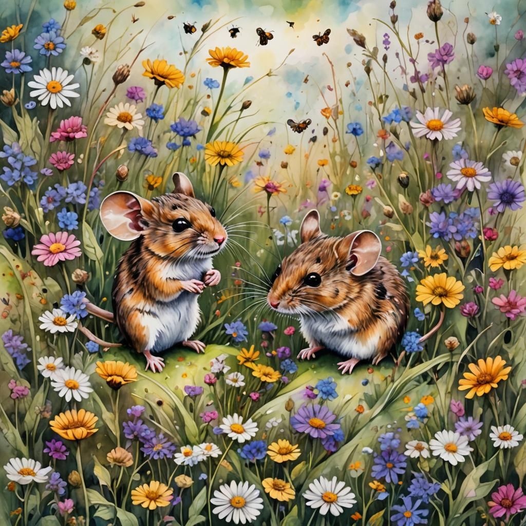Field Mice in Wildflower Meadow, Watercolor Style