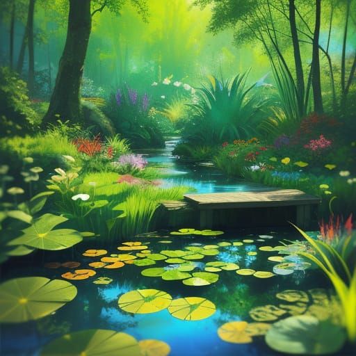 Hyperrealistic Summer Pond Scene in Vibrant Colors