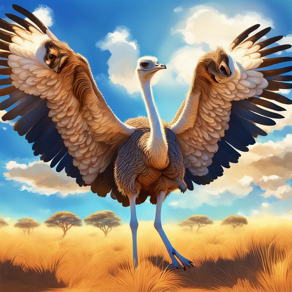 Ostrich Protects Chicks: Vibrant African Digital Art