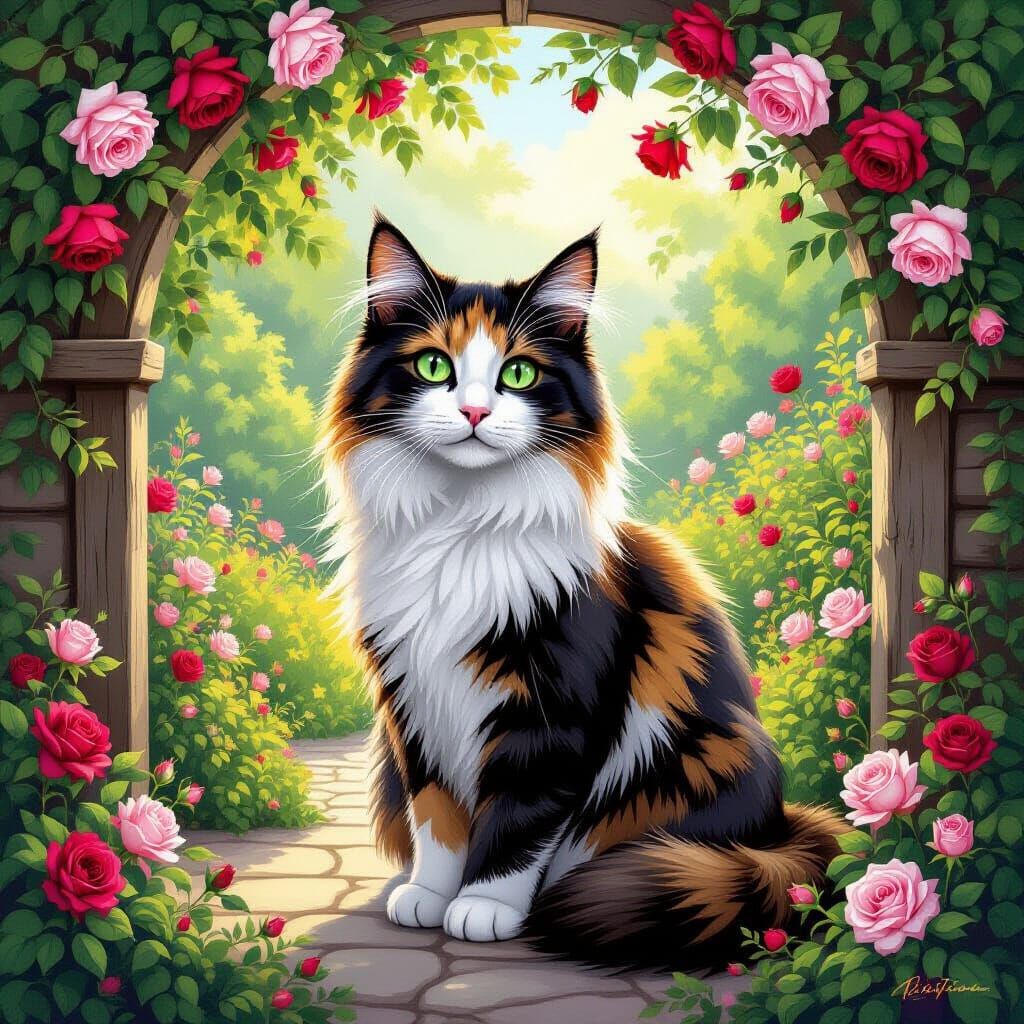 Calico Cat in Flower Garden as Impressionist Painting