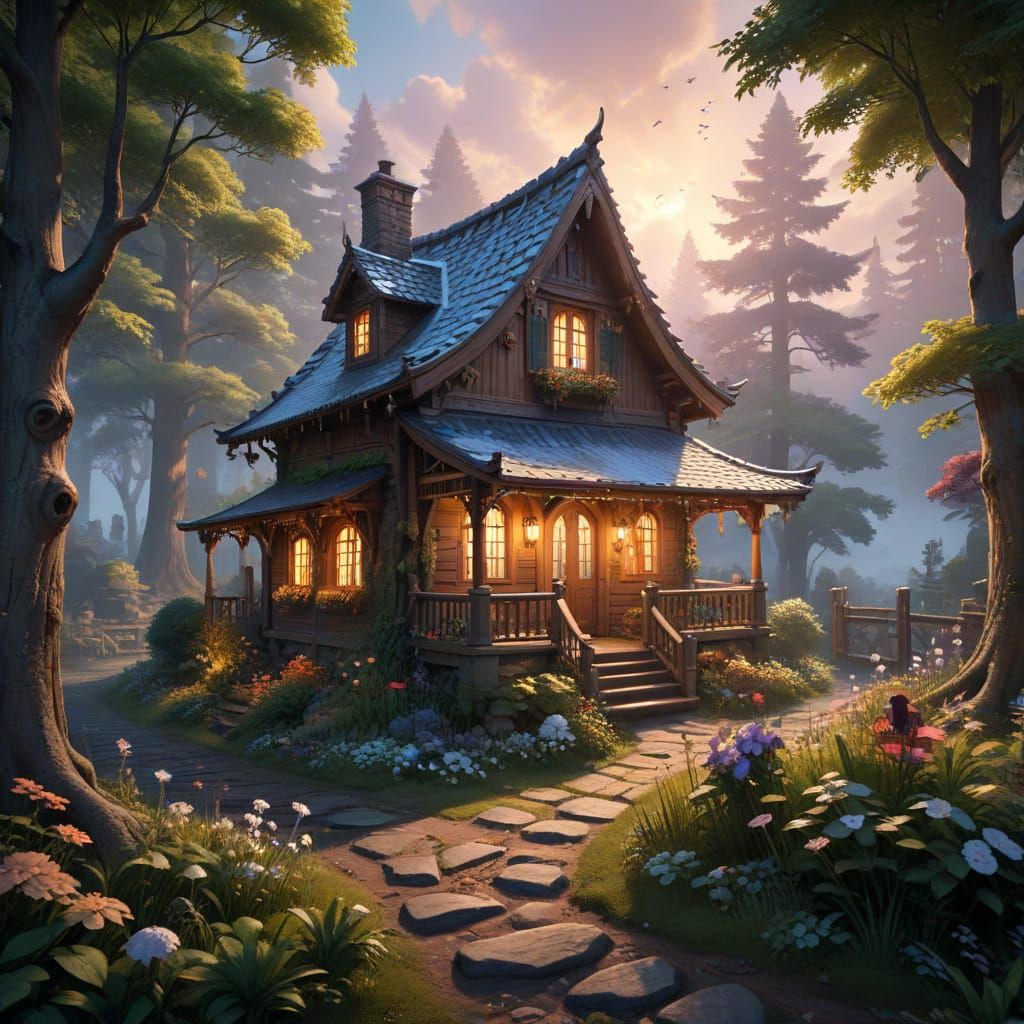 Cozy Winter Cottage in Mystical Forest Scene