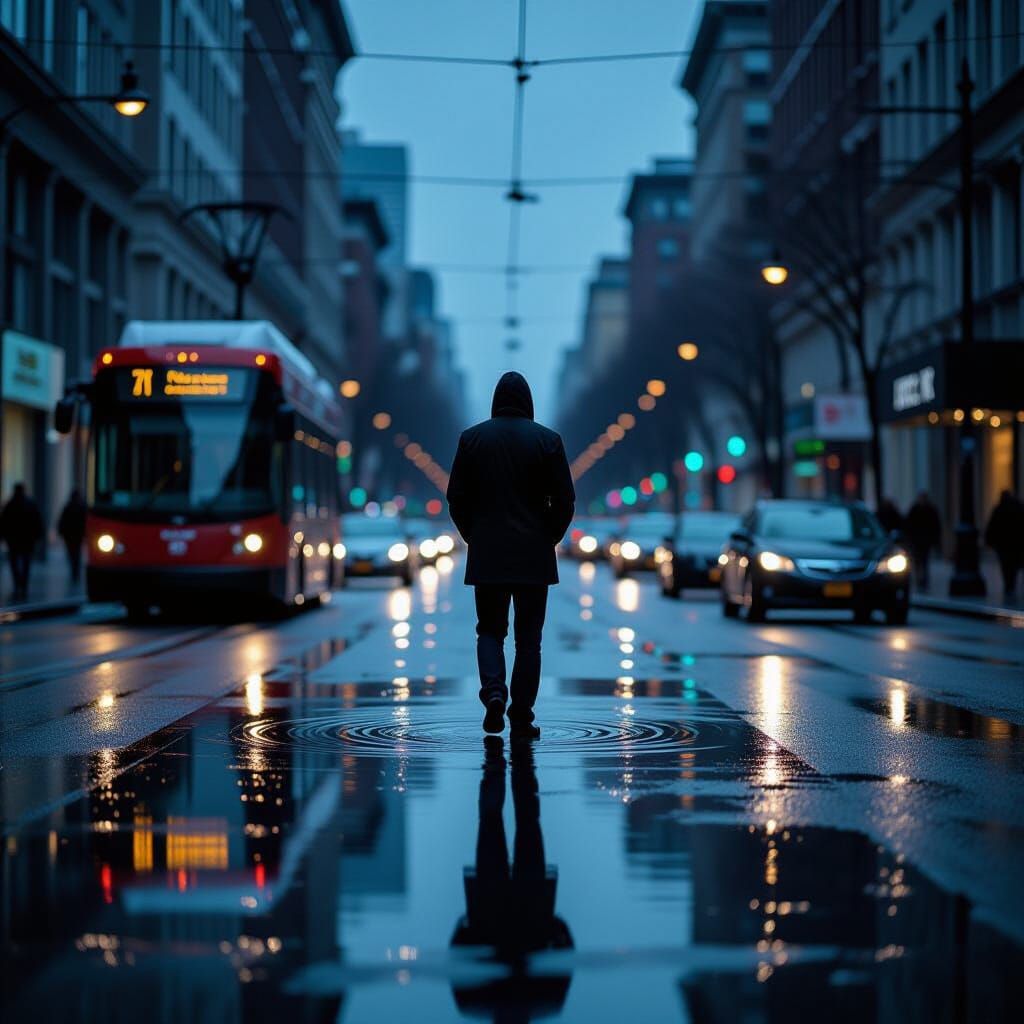 Lonely Figure in Rainy Cityscape at Dusk