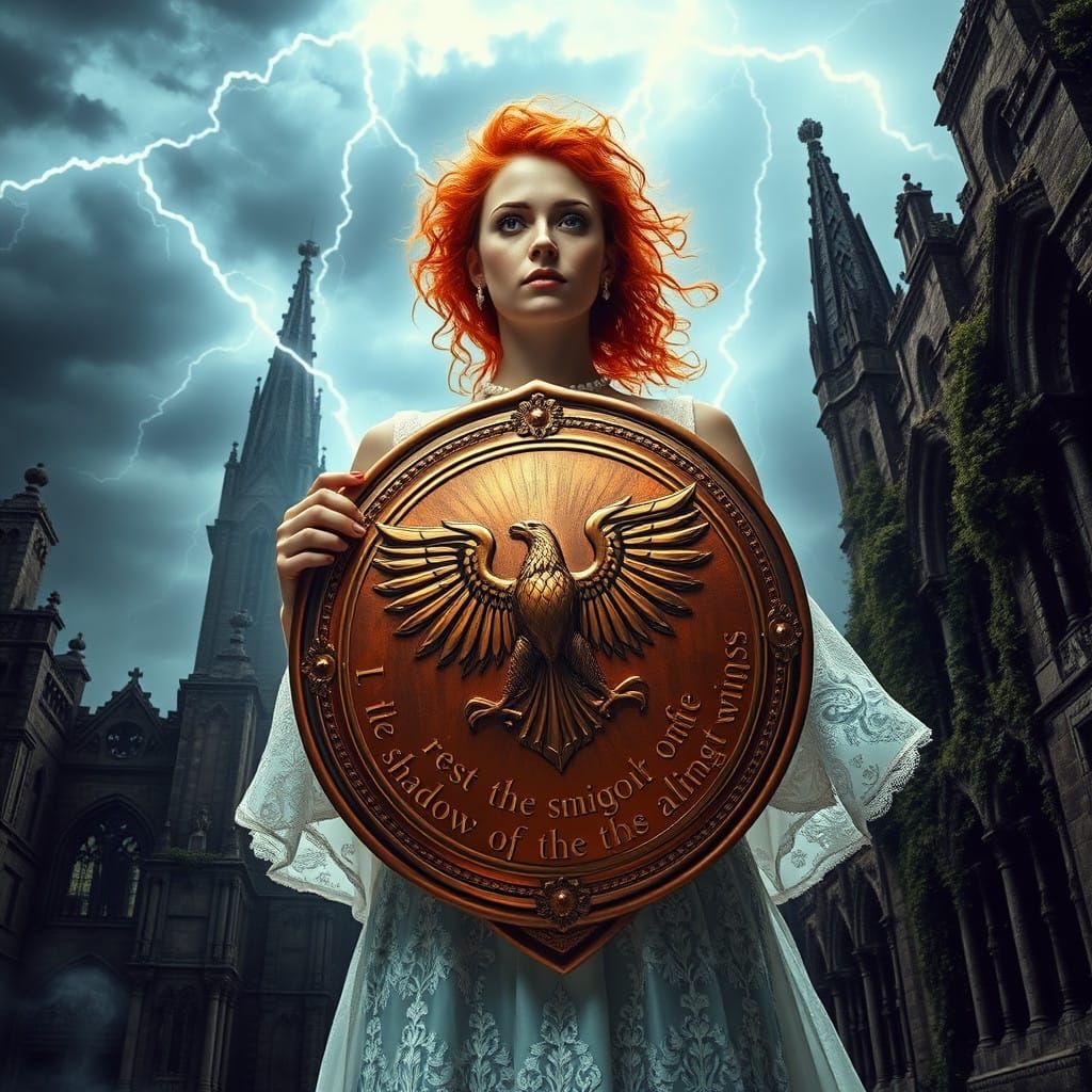 Woman in Elegant White Wedding Gown Empowered by Ancient Sym...