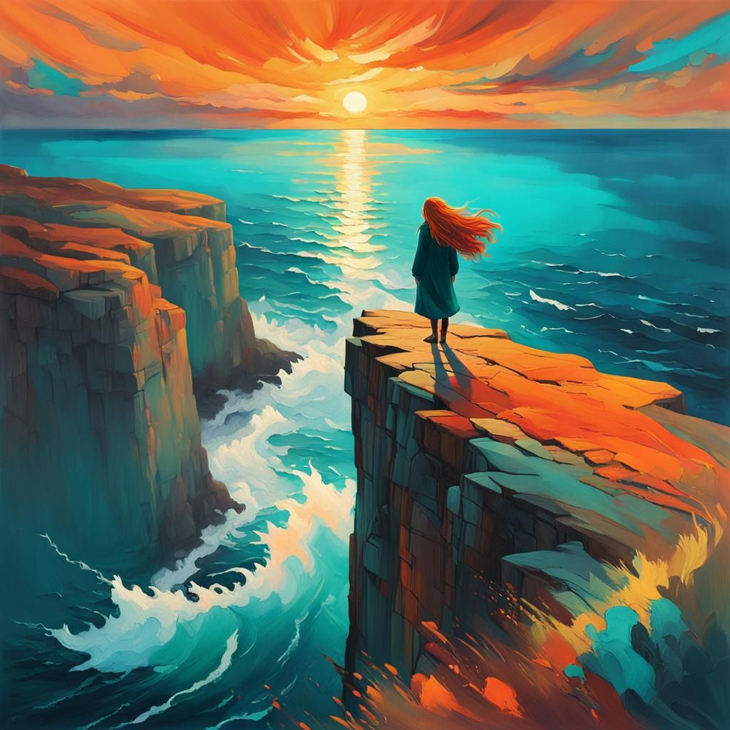 Sunset Cliffside Figure in Romantic Realism Style