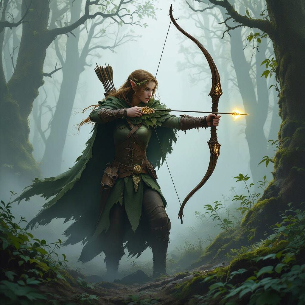 Elven Huntress in Misty Forest: Fantasy Art