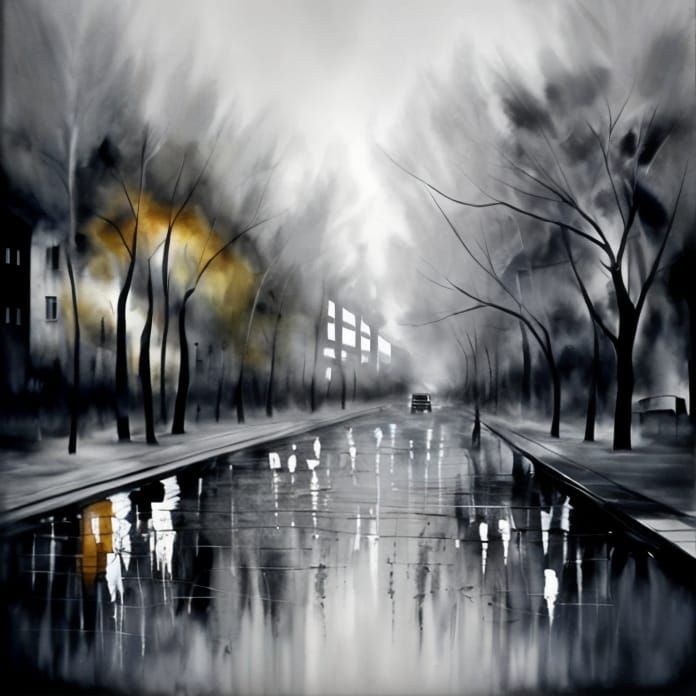 Abstract Black and White Oil Painting in Gouache Style