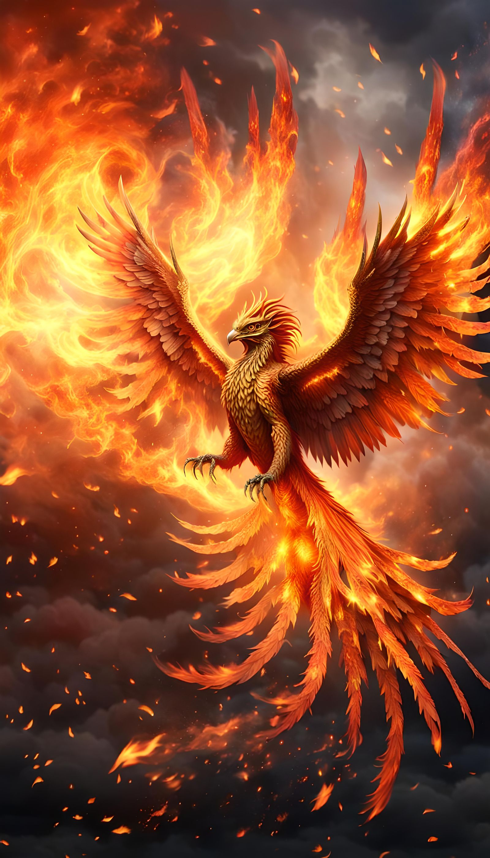 Heavenly, masculine Phoenix made from the ashes and embers o...