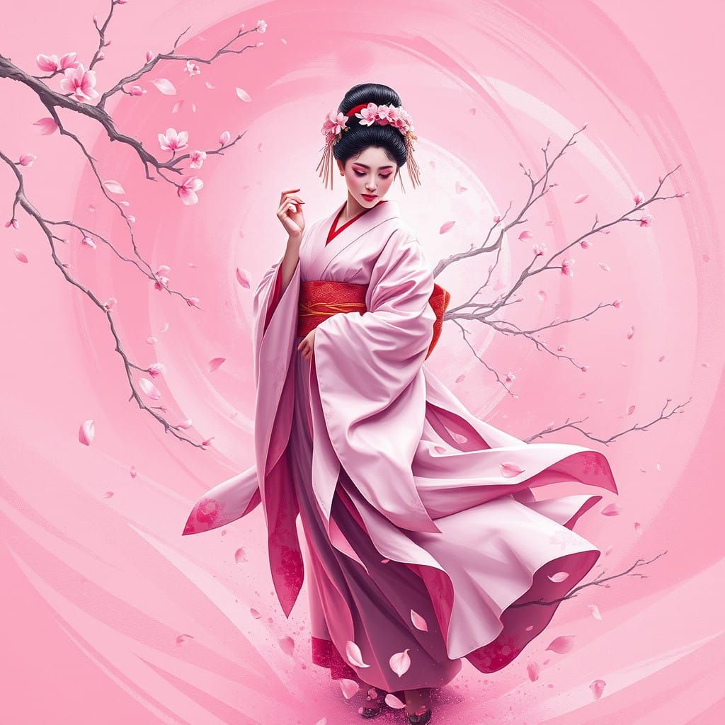 Surreal Pink Cherry Blossom Geisha Portrait