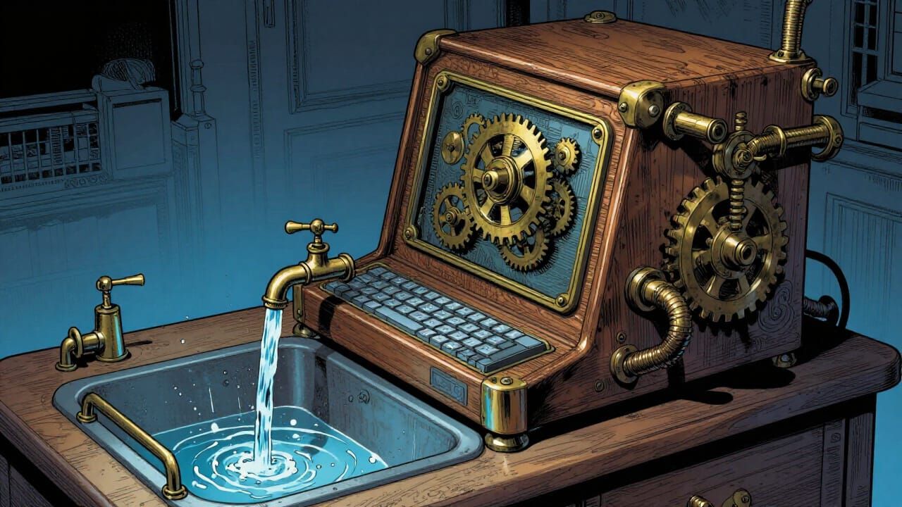 Steampunk Desk Computer with Flowing Water in Blue Tones