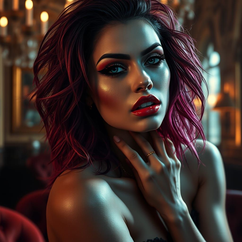 Brunette Woman in Opulent Setting with Chiaroscuro Lighting