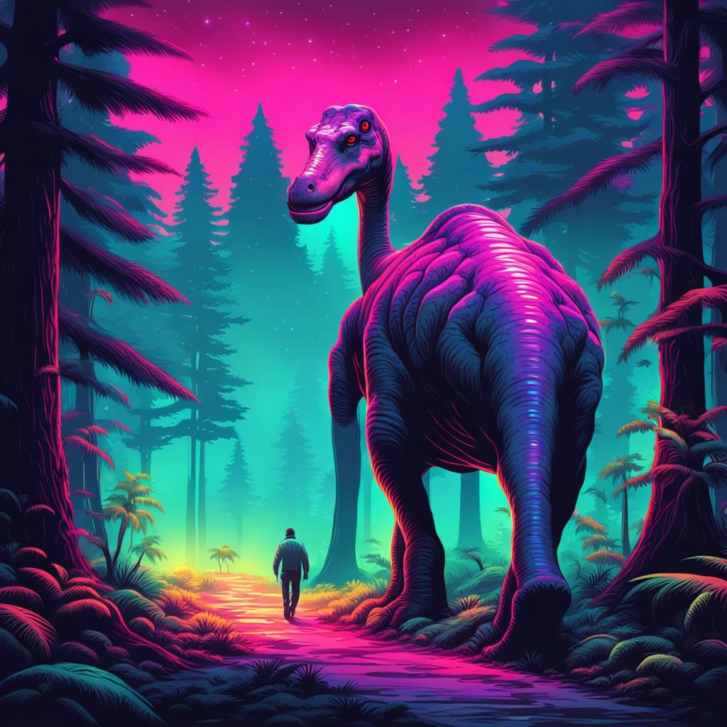 Brontosaurus in Neon Retro Synthwave Forest