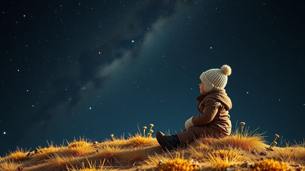 Boy Gazing at Starry Night Sky