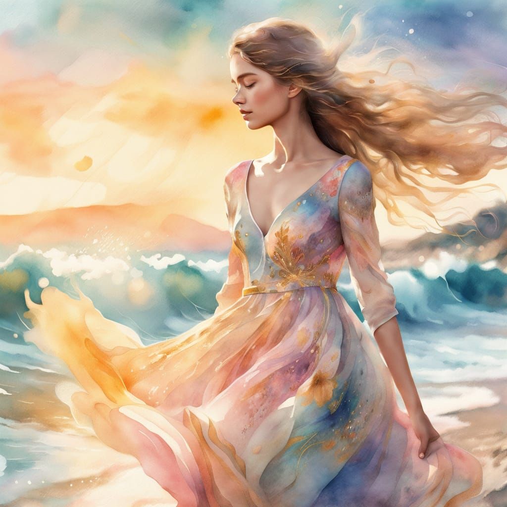 Whimsical Girl on Shoreline in Watercolor Style
