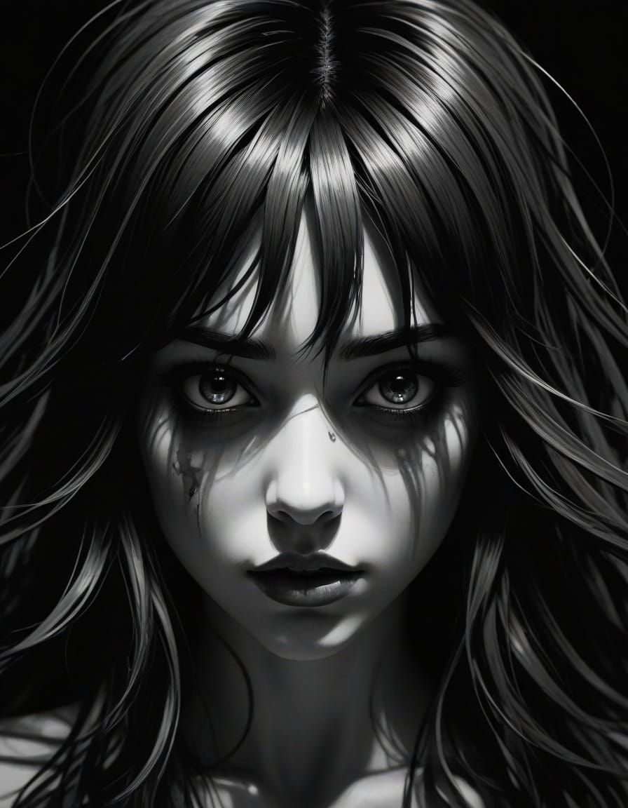 Monochrome Anime Nude with Abstract Distortion