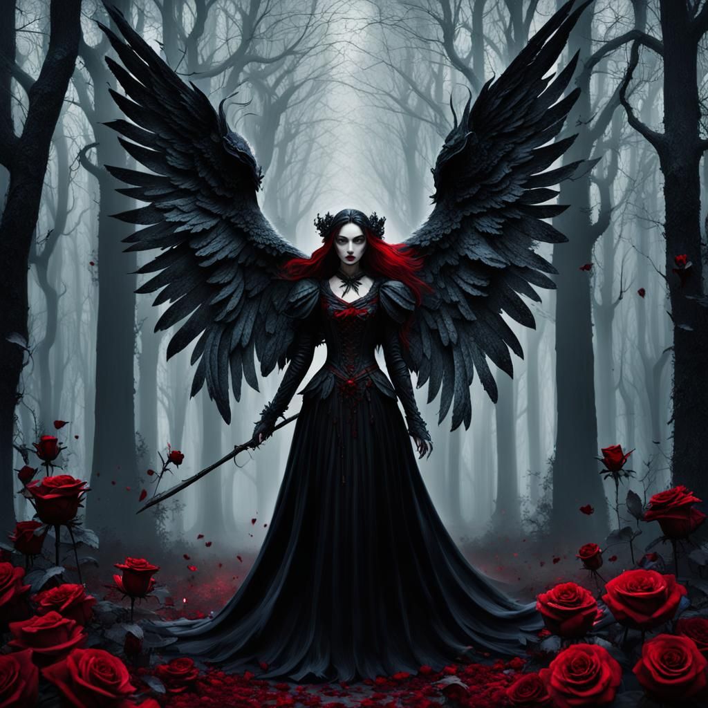 Gothic Angel in Dark Rose Forest: Cinematic Still