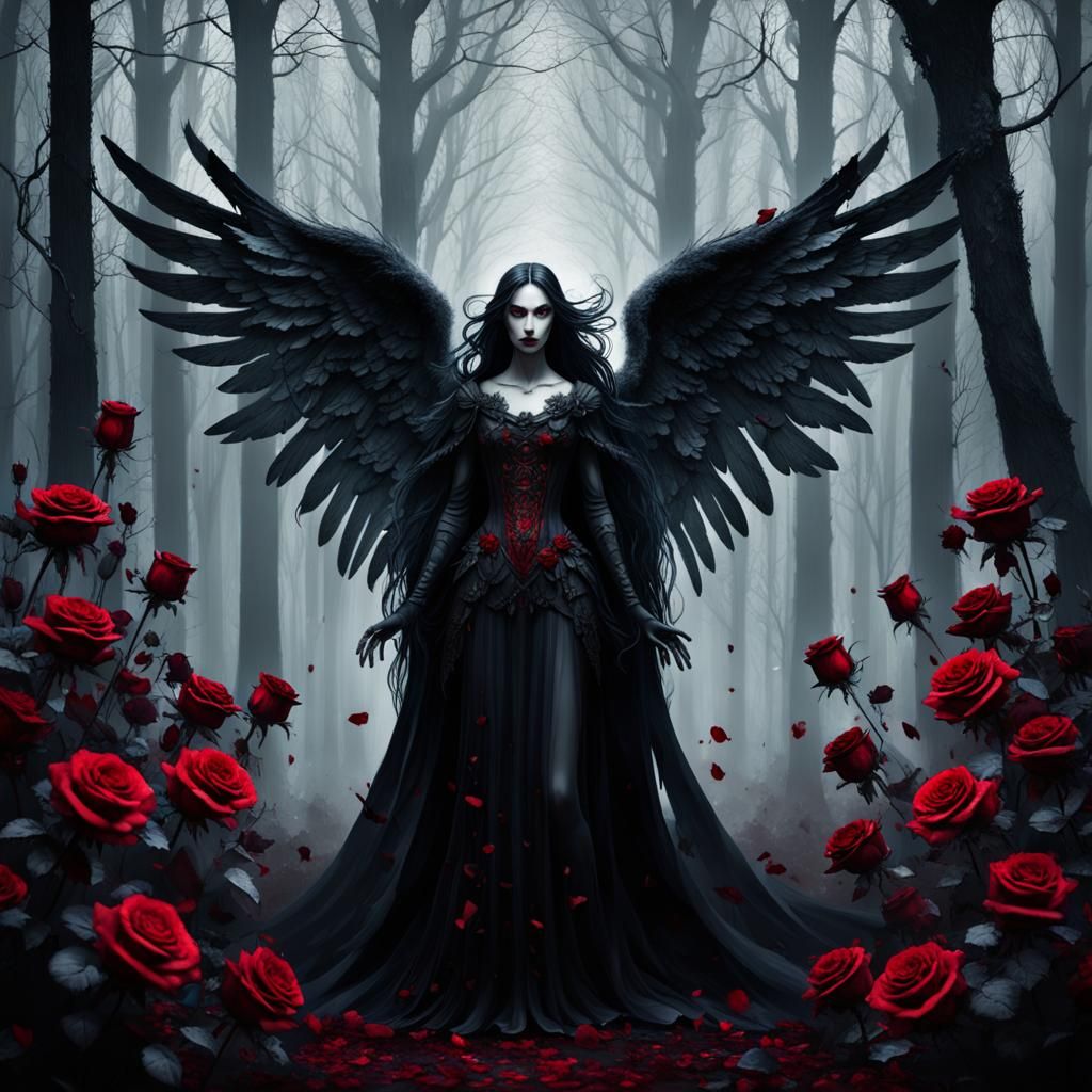 Angel and Gothic Girl in a Dark Rose Forest
