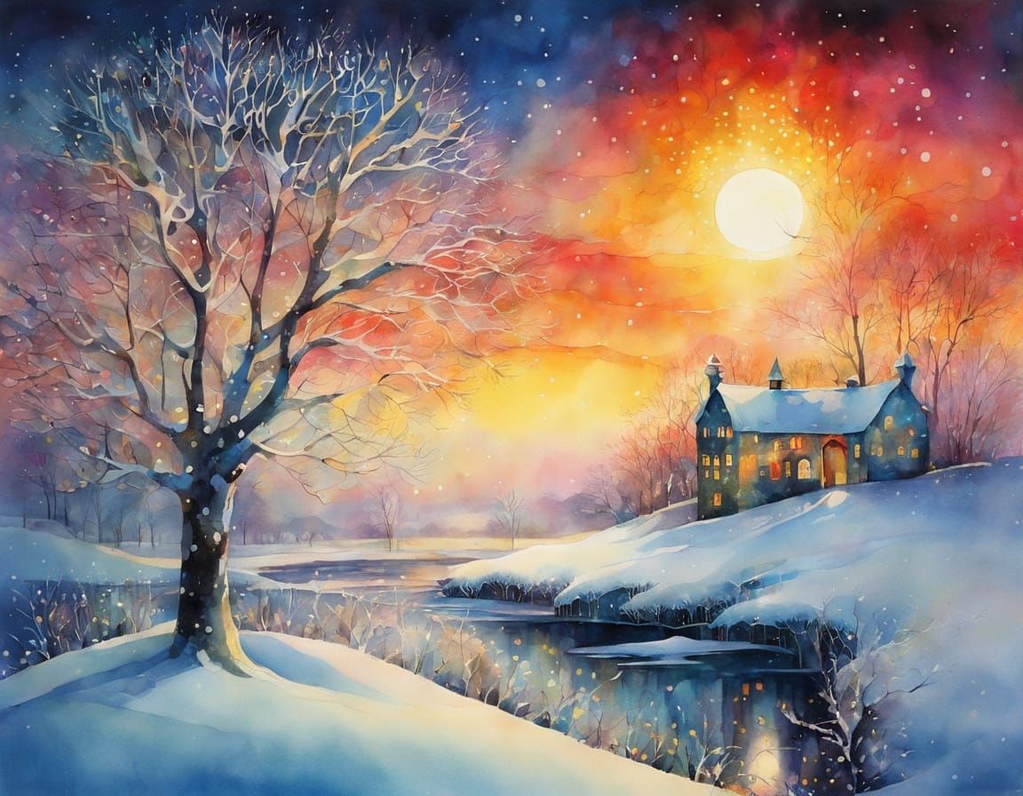 Whimsical Winter Sunrise in Dreamlike Cubist Style