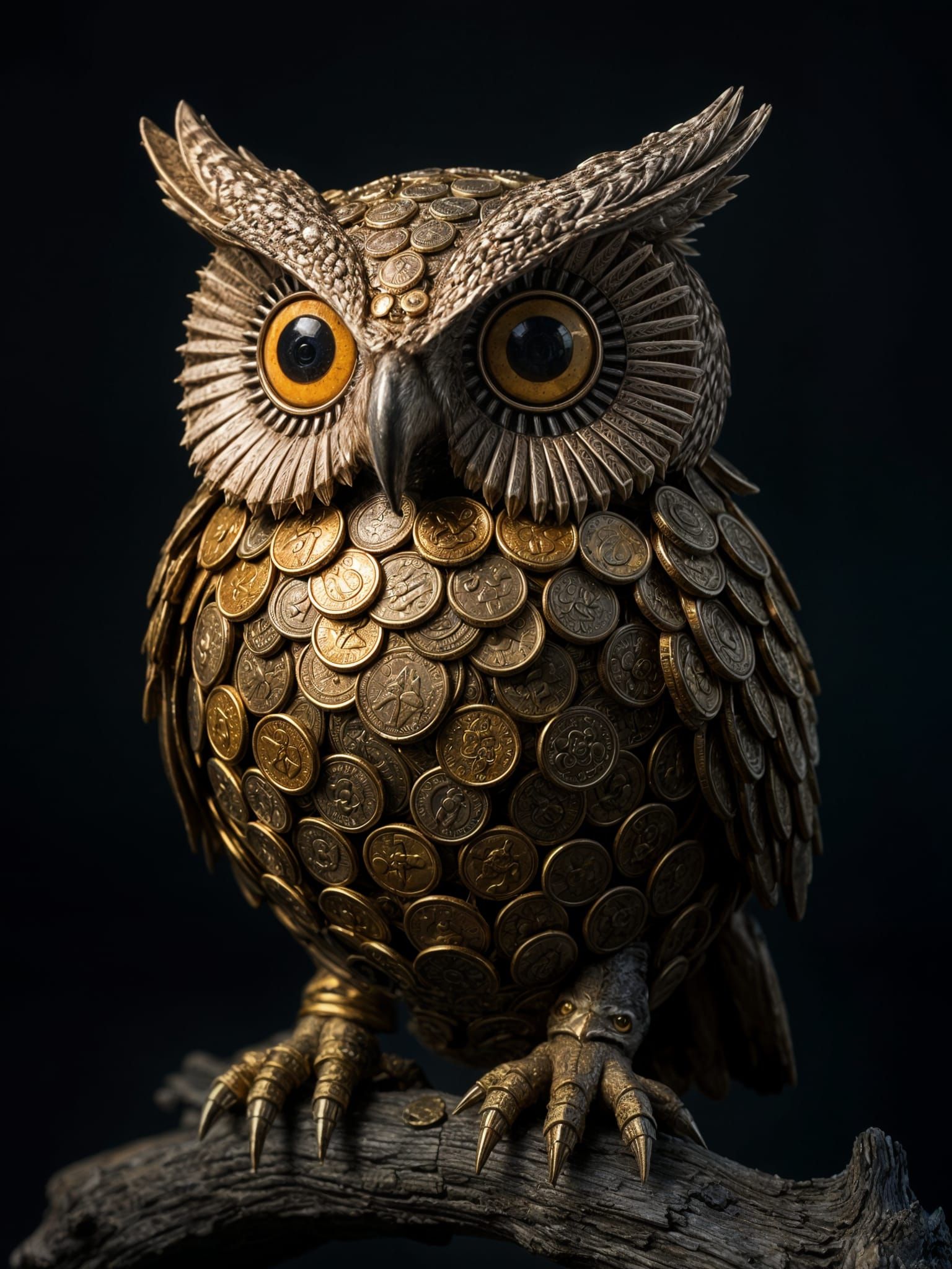 Intricate Owl Sculpture Made of Coins, Hyperrealistic