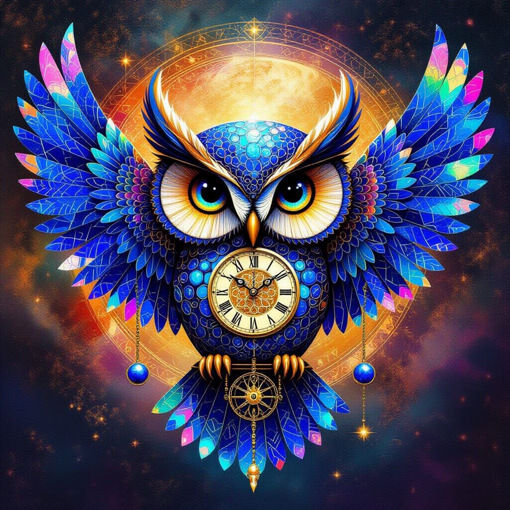 Abstract Owl with Clockwork Eyes in Cosmic Scene